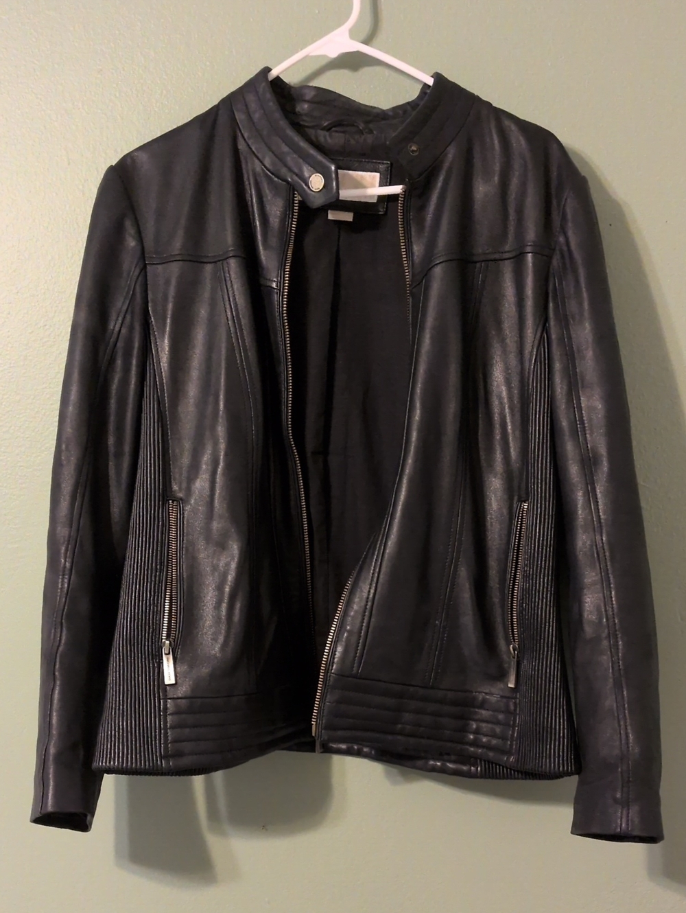 Michael Kors Black Leather Moto Jacket with Ribbed Panels